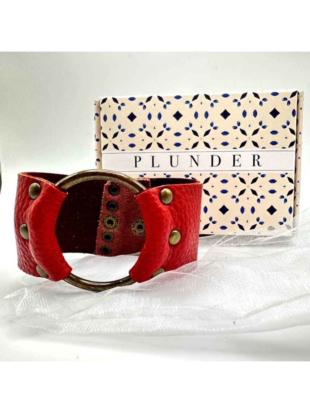 JULIA Red Leather Studded Circle Bracelet By Plunder With Snap Closure Gift Box